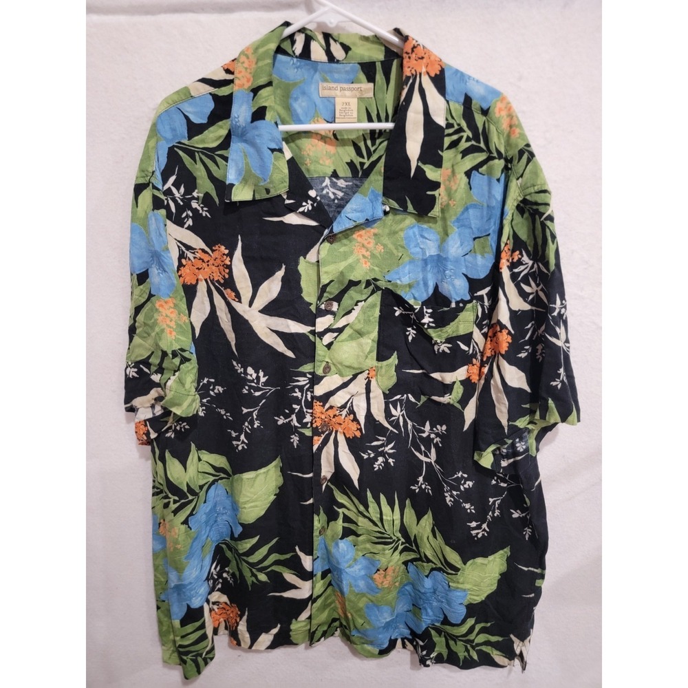 Island Passport‎ Hawaiian Shirt Mens 2XL XXL Rayon Tropical Floral Blue Cream
